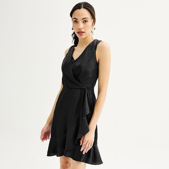Nine West Flouncy Sleeveless Wrap LBD Mini Dress - Picture 1 of 8